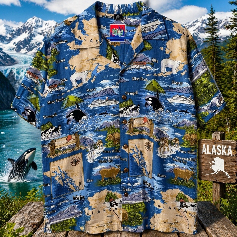 Vintage Dem Crazy Alaska Map Hawaiian Shirt Mens XL Whale Scenic Rayon Blue Camp